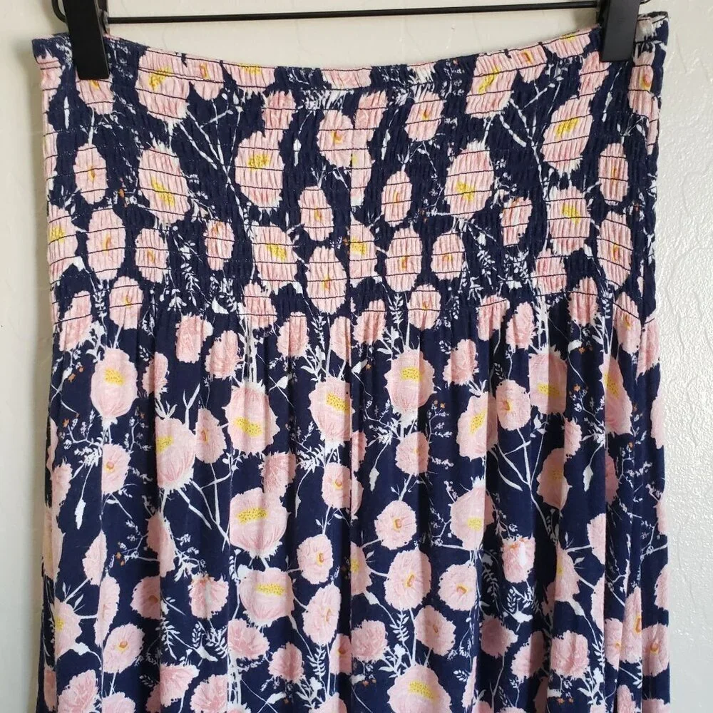 Downeast Smocked Floral Midi Skirt Blue/Pink Sz S Soft Jersey Knit Flowy Cottage